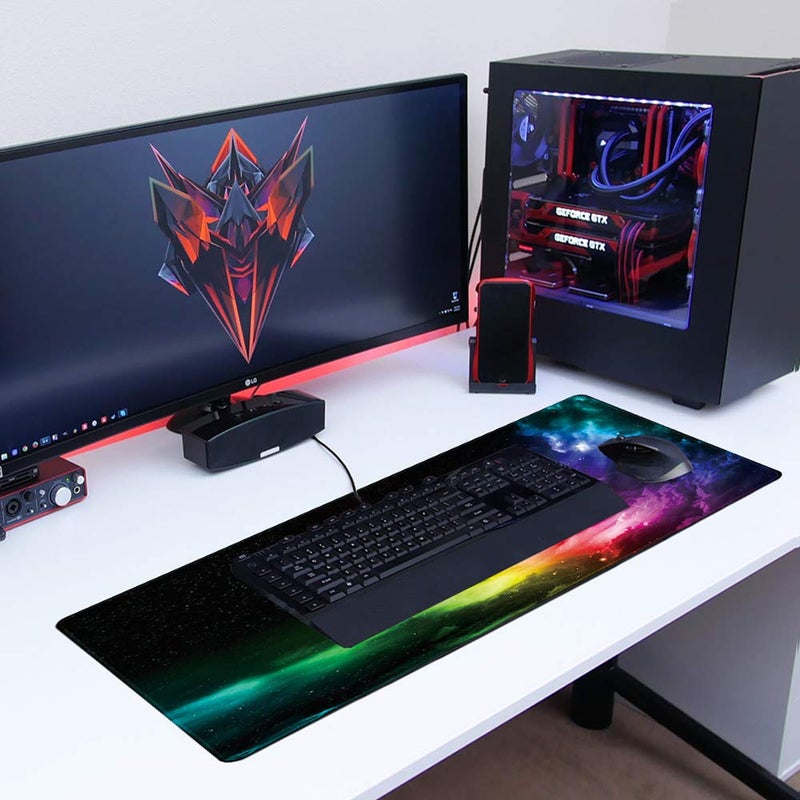 Benvo Extended Mouse Pad Large Gaming Mouse Pad- 35.4x15.7x0.12 inch Computer Keyboard Mouse Mat Non-Slip Mousepad Rubber Base and Stitched Edges for Game Players, Office, Study, Aurora Light Pattern - Image 3